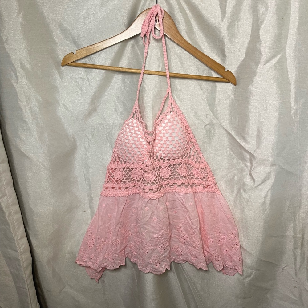 Light Pastel Pink Crochet Knit Halter Top Blouse